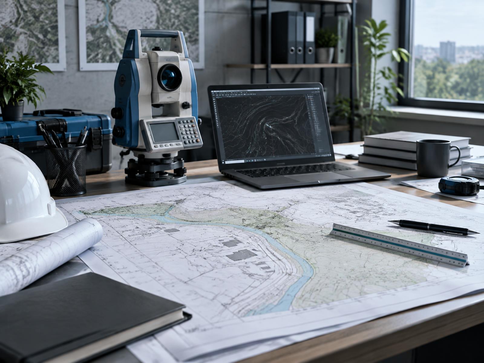 Biuro geodety z mapami i tachimetrem